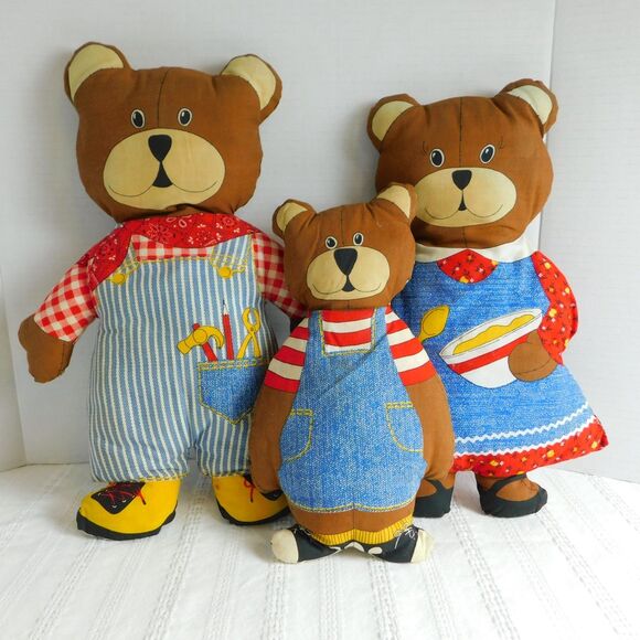 Vintage Other - Bear Family Pillow Stuffed Plush Lot of 3, Cut & Sew Fabric 1970 Mr Mrs Vintage